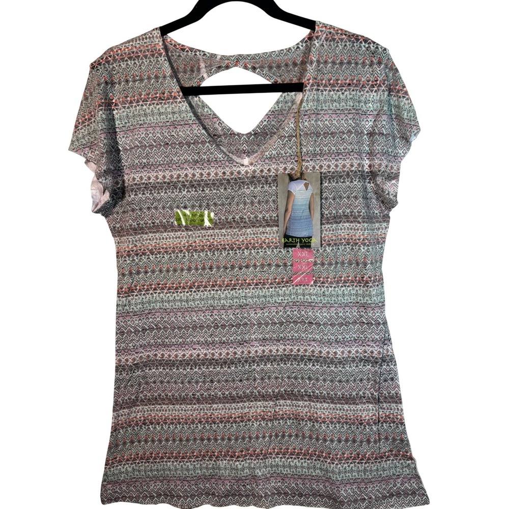 Earth Yoga Organic Cotton T-Shirt XL Grey Pink Geometric Keyhole Back NWT